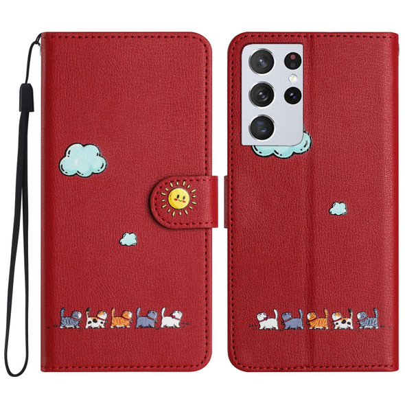 For Samsung Galaxy S21 Ultra 5G Cartoon Cats Leatherette Phone Case(Red)