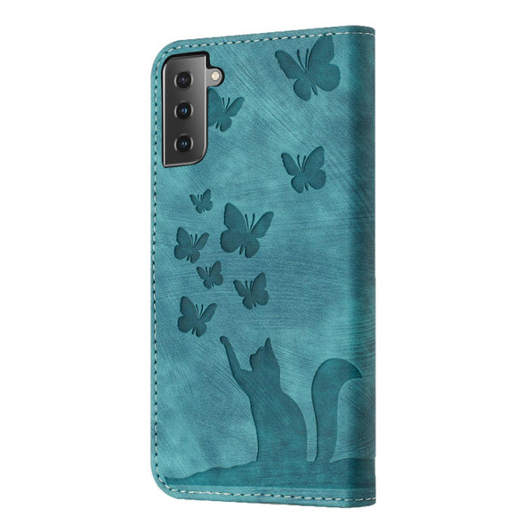 For Samsung Galaxy S21+ 5G Butterfly Cat Embossing Flip Leatherette Phone Case(Wathet)