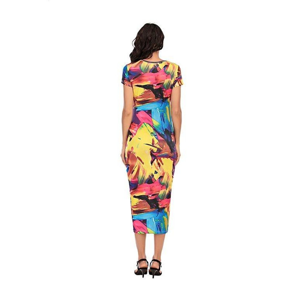 Maternity Dress With Printed Round Neck And Short Sleeves Slit (Color:Yellow Flower Size:M)