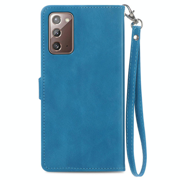 For Samsung Galaxy Note20 Embossed Flower Zipper Leatherette Phone Case(Blue)
