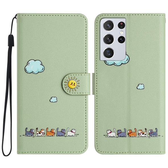 For Samsung Galaxy S21 Ultra 5G Cartoon Cats Leatherette Phone Case(Green)