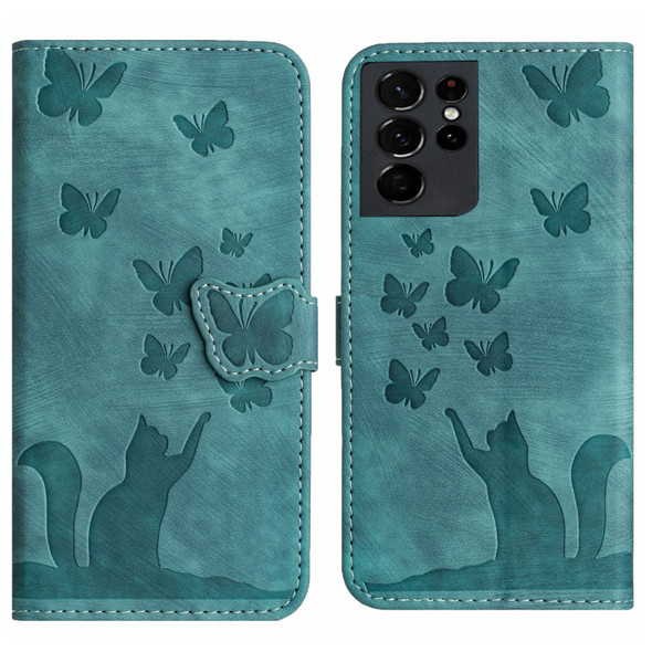 For Samsung Galaxy S21 Ultra 5G Butterfly Cat Embossing Flip Leatherette Phone Case(Wathet)