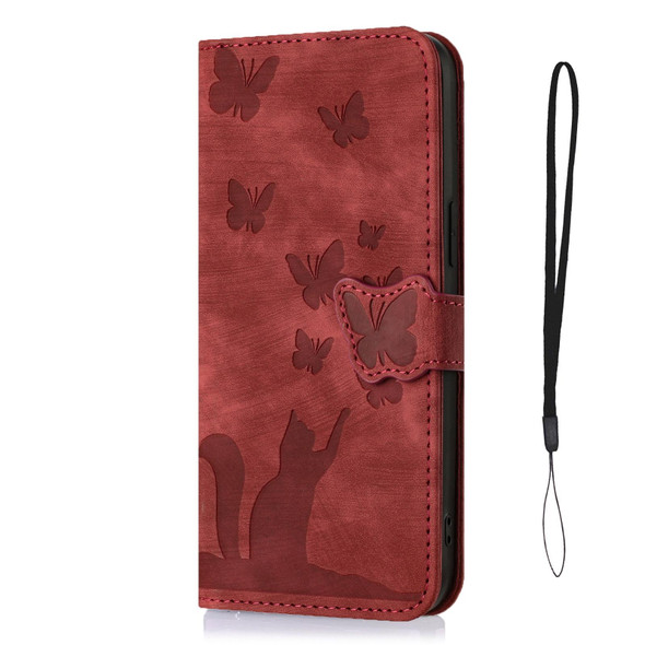 For Samsung Galaxy S22 5G Butterfly Cat Embossing Flip Leatherette Phone Case(Red)