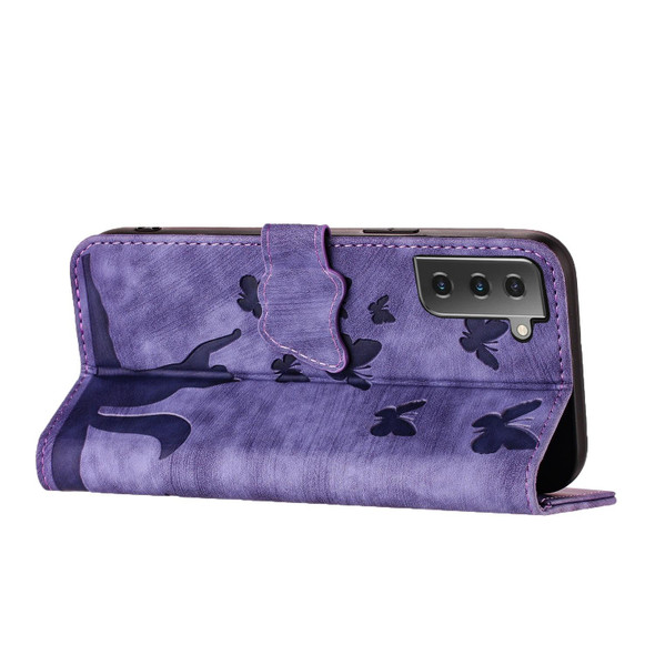 For Samsung Galaxy S21 5G Butterfly Cat Embossing Flip Leatherette Phone Case(Purple)