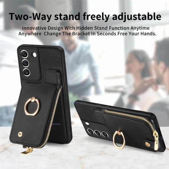 For Samsung Galaxy S22+ 5G Cross Leatherette Ring Vertical Zipper Wallet Back Phone Case(Black)