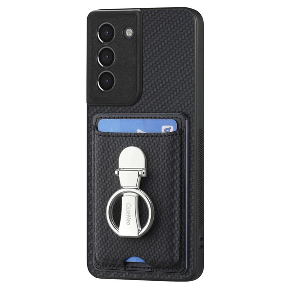 For Samsung Galaxy S21+ 5G Carbon Fiber Card Wallet Folding Ring Holder Phone Case(Black)