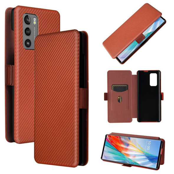 LG Wing 5G with Buckle Carbon Fiber Texture Magnetic Horizontal Flip TPU + PC + PU Leather Case with Card Slot(Brown)