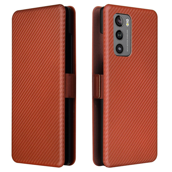LG Wing 5G with Buckle Carbon Fiber Texture Magnetic Horizontal Flip TPU + PC + PU Leather Case with Card Slot(Brown)