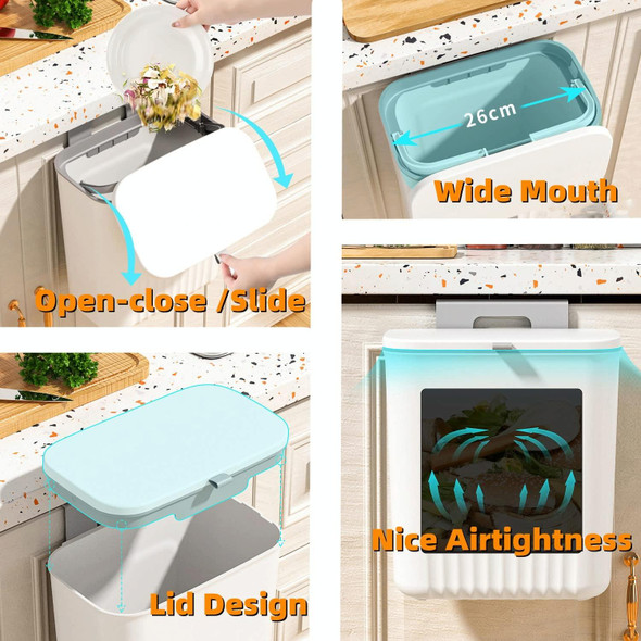 9L Kitchen Hanging Waste Bin with Lid Sliding Cover Under Sink Trash Can(Green)