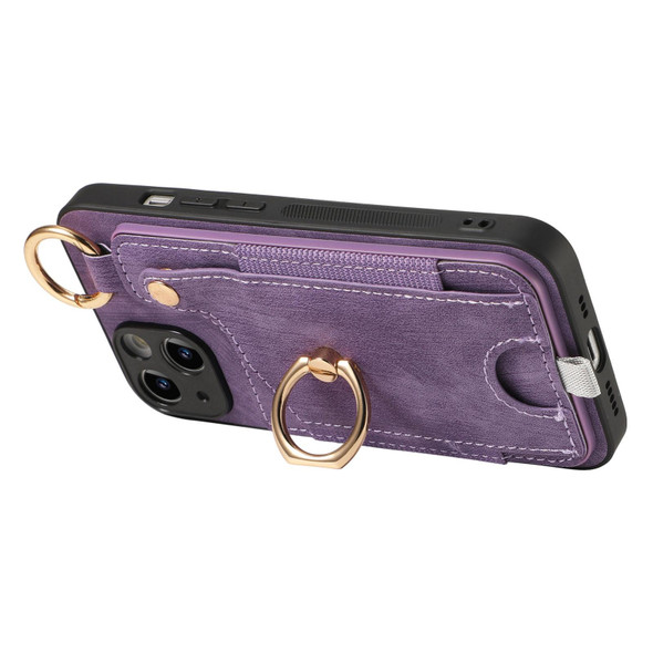 For iPhone 14 Retro Skin-feel Ring Card Bag Phone Case with Hang Loop(Purple)