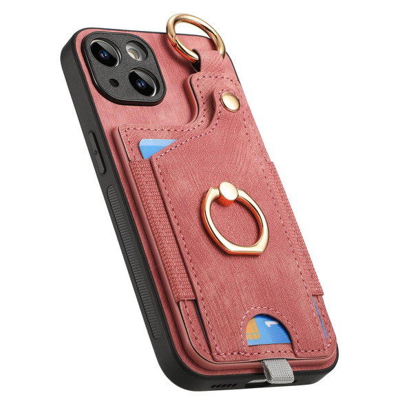 For iPhone 14 Pro Retro Skin-feel Ring Card Bag Phone Case with Hang Loop(Pink)