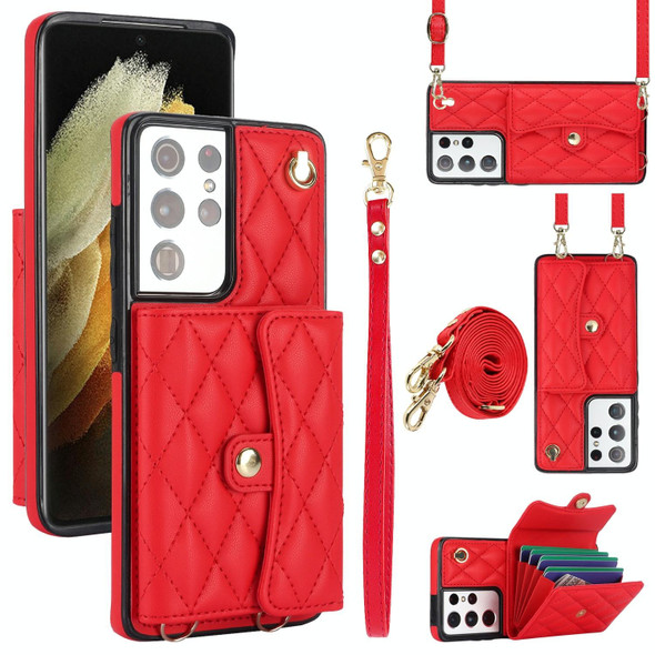 For Samsung Galaxy S21 Ultra 5G Crossbody Rhombic Horizontal Wallet Leatherette Phone Case(Red)