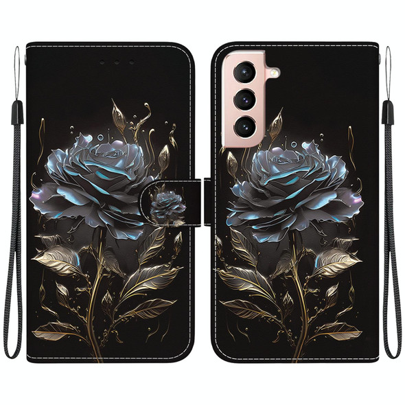 For Samsung Galaxy S22+ 5G Crystal Texture Colored Drawing Leatherette Phone Case(Black Rose)