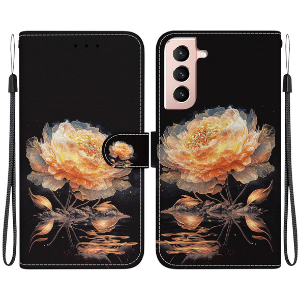For Samsung Galaxy S21 5G Crystal Texture Colored Drawing Leatherette Phone Case(Gold Peony)