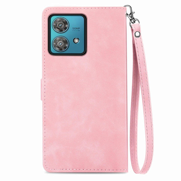 For Motorola Moto G84 Embossed Flower Zipper Leatherette Phone Case(Pink)