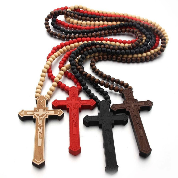 Cross Laser Engraved Wooden Bead Necklace, Color: Red