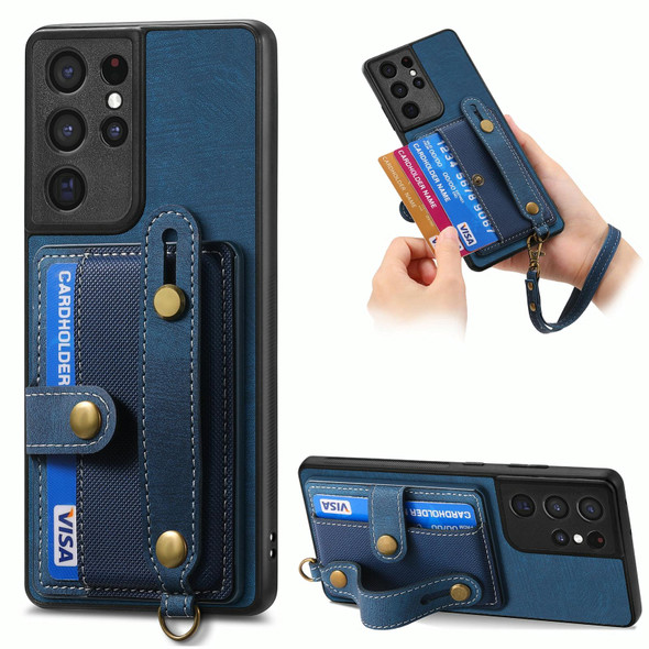 For Samsung Galaxy S21 Ultra 5G Retro Cross Wristband Wallet Leatherette Back Phone Case(Blue)