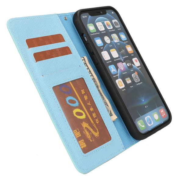 For iPhone 15 Plus Cross Texture Detachable Horizontal Flip PU Leatherette Case(Blue)