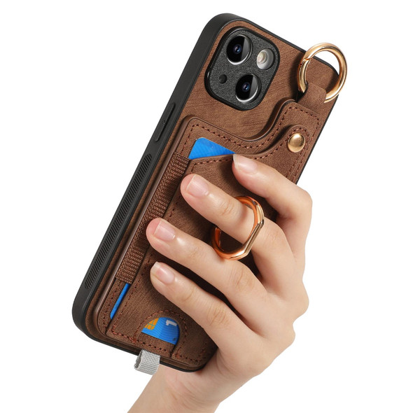 For iPhone 14 Pro Max Retro Skin-feel Ring Card Bag Phone Case with Hang Loop(Brown)
