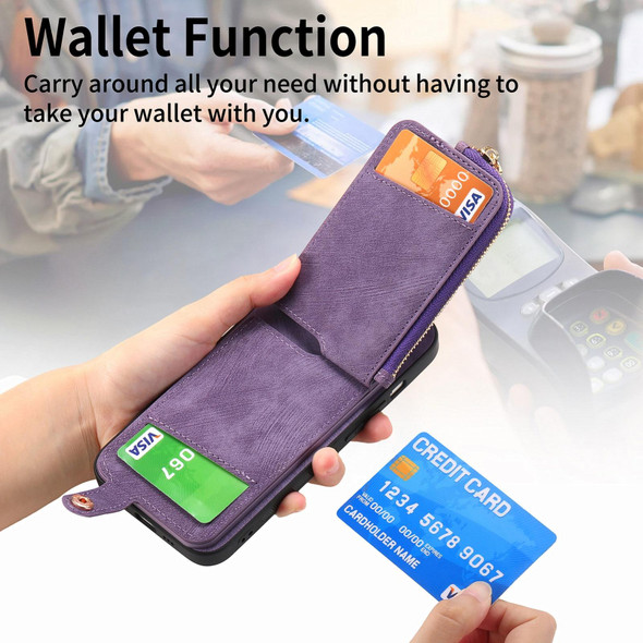 For Samsung Galaxy S21 5G Cross Leatherette Ring Vertical Zipper Wallet Back Phone Case(Purple)