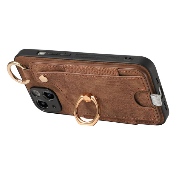 For iPhone 15 Pro Max Retro Skin-feel Ring Card Bag Phone Case with Hang Loop(Brown)