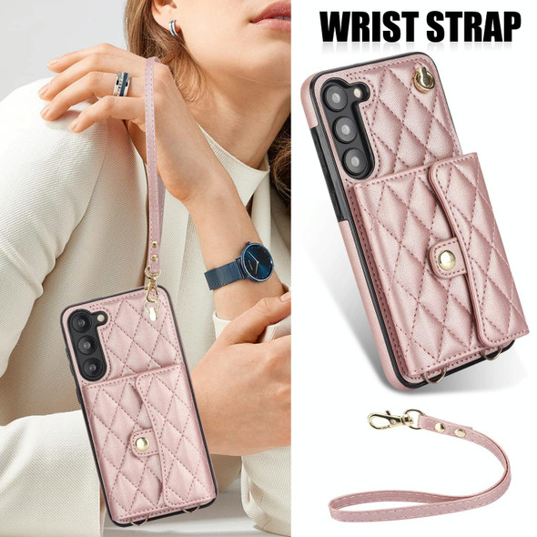 For Samsung Galaxy S23 5G Crossbody Rhombic Horizontal Wallet Leatherette Phone Case(Rose Gold)