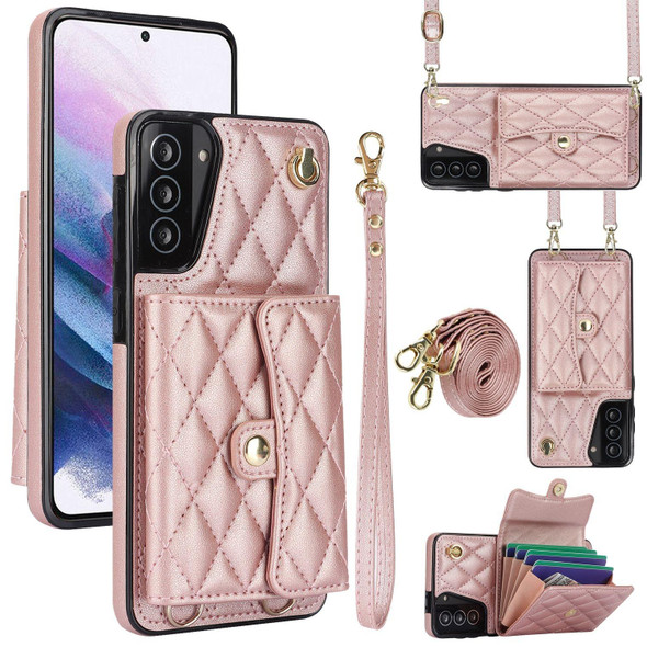 For Samsung Galaxy S21 5G Crossbody Rhombic Horizontal Wallet Leatherette Phone Case(Rose Gold)