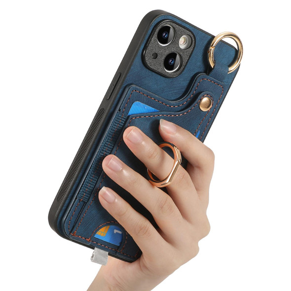 For iPhone 15 Pro Max Retro Skin-feel Ring Card Bag Phone Case with Hang Loop(Blue)