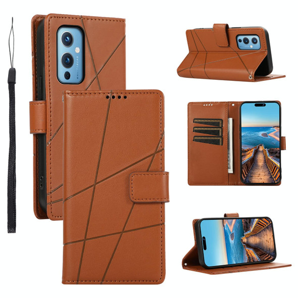 For OnePlus 9 PU Genuine Leatherette Texture Embossed Line Phone Case(Brown)