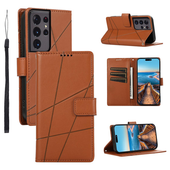 For Samsung Galaxy S21 Ultra 5G PU Genuine Leatherette Texture Embossed Line Phone Case(Brown)