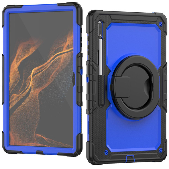 Samsung Galaxy Tab S8 Ultra Shoulder Strap Silicone + PC Tablet Case(Black Blue)