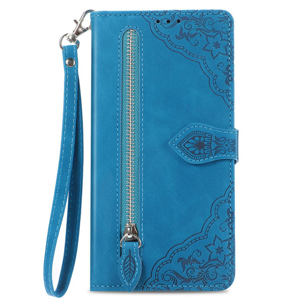 For  Motorola Moto  G14 Embossed Flower Zipper Leatherette Phone Case(Blue)