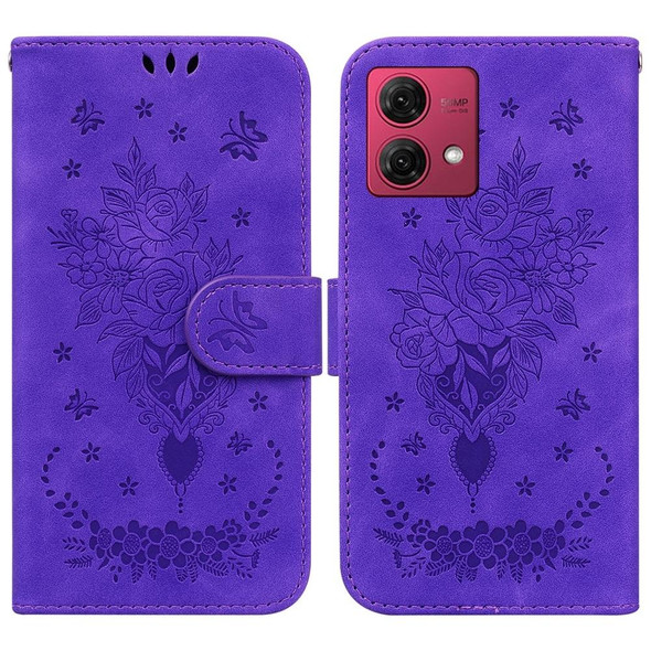 For Motorola Moto G84 Butterfly Rose Embossed Leatherette Phone Case(Purple)