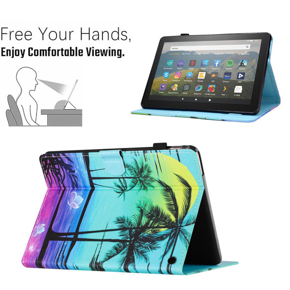 For Amazon Kindle Fire HD 8 2022 / 2020 Colored Drawing Stitching Leatherette Tablet Smart Case(Coconut Tree)