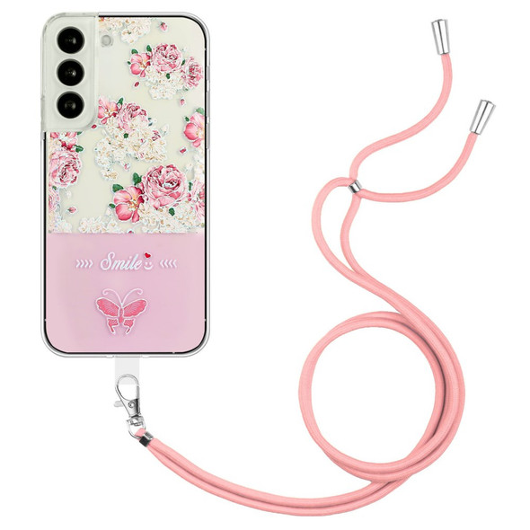 For Samsung Galaxy S23+ Back Cover Lacquered Butterfly Cellphone TPU Case with Long Lanyard 