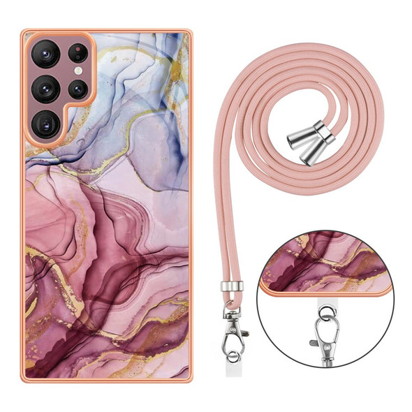 For Samsung Galaxy S23 Ultra Phone Case YB IMD Series-18 Style E 2.0mm TPU Electroplating Marble Pattern IMD Cover with Lanyard 