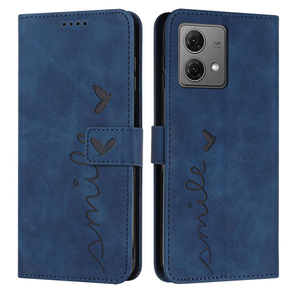 For Motorola Edge 40 Neo Skin Feel Heart Embossed Leatherette Phone Case with Long Lanyard(Blue)