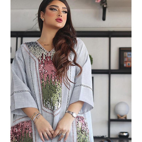 Women Sequin Embroidered Robe Dress (Color:Gray Size:S)