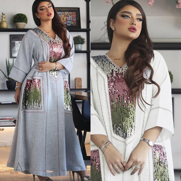 Women Sequin Embroidered Robe Dress (Color:Gray Size:S)