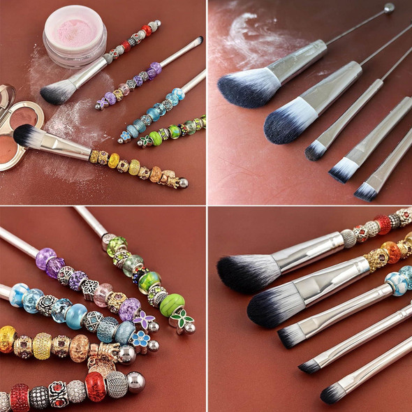 5-in-1  Metal Handle DIY Beaded Makeup Brush Set Blush Loose Powder Slanted Eye Shadow Brush, Color: Silver 