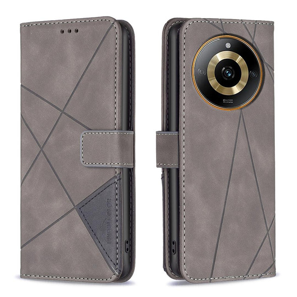 For  Realme 11 4G Magnetic Buckle Rhombus Texture Leatherette Phone Case(Grey)