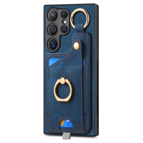 For Samsung Galaxy S23 FE 5G Retro Skin-feel Ring Card Bag Phone Case with Hang Loop(Blue)