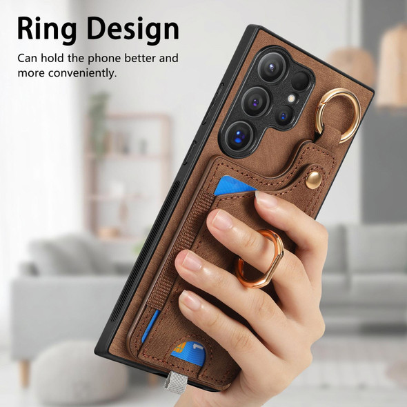 For Samsung Galaxy S23+ 5G Retro Skin-feel Ring Card Bag Phone Case with Hang Loop(Brown)