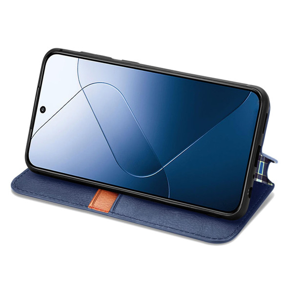 For Xiaomi 14 Cubic Grid Pressed Magnetic Leather Phone Case(Blue)