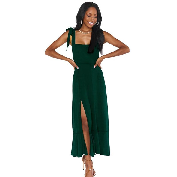 Women Elegant Slit Dress Commuting Sleeveless Knot Suspender Dress, Size: S(Dark Green)