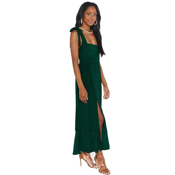 Women Elegant Slit Dress Commuting Sleeveless Knot Suspender Dress, Size: M(Dark Green)