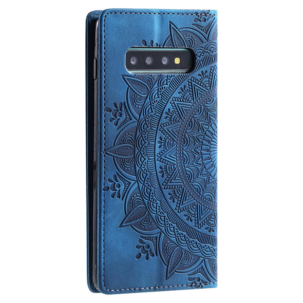 For Samsung Galaxy S10+ Totem Embossed Magnetic Leatherette Phone Case(Blue)