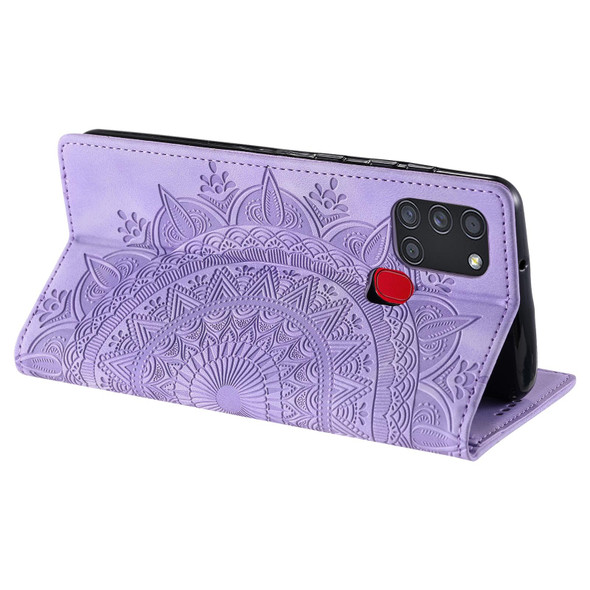For Samsung Galaxy A21s Totem Embossed Magnetic Leatherette Phone Case(Purple)