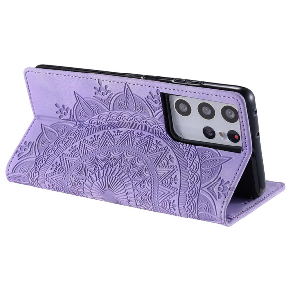 For Samsung Galaxy S21 Ultra 5G Totem Embossed Magnetic Leatherette Phone Case(Purple)