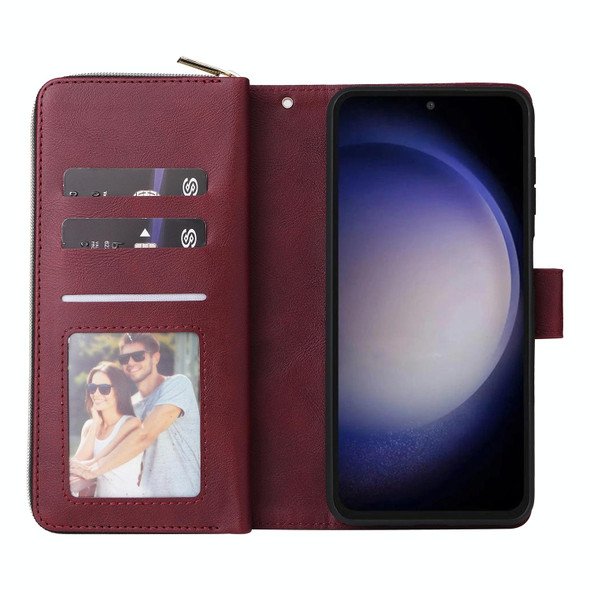 For Samsung Galaxy S23 FE 5G 9 Card Slots Zipper Wallet Bag Leatherette Phone Case(Wine Red)